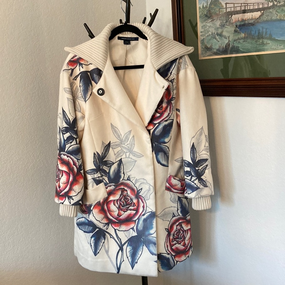 French Connection White Floral Rose Print Oversized Coat Size 4